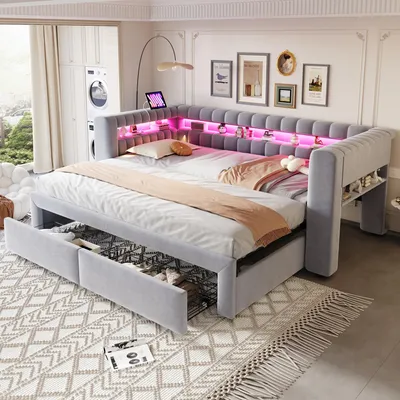 Produktbild von Merax Tagesbett Schlafsofa mit Ausziehbett, Polsterbett mit Schubladen und Staufächern, Kinderbett mit LED-Beleuchtung und USB Typ-C, Samt, Hellgrau