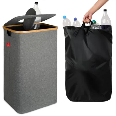 Image de Conteneur de collecte pour bouteilles consignées Blumtal 100 L - Sac pour bouteilles consignées en bambou - Conteneur de collecte pour bouteilles consignées avec trou, couleur noire