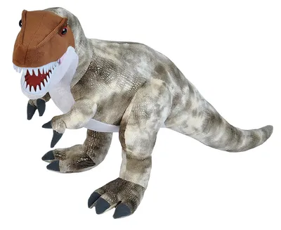 A plush toy dinosaur, a T-Rex, is shown against a white background.