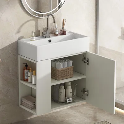 Image de OKWISH Meuble de Salle de Bain, Meuble Suspendu avec Lavabo et Compartiment de Rangement Latéral, Gain de Place - Panneau de Particules - Blanc