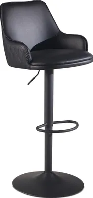 Barhocker Kunstleder Schwarz höhenverstellbar mit geschwungener Rückenlehne und Metallfuß in Gesamtansicht.
