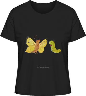 Produktbild von Mr. & Mrs. Panda Damen T-Shirt Raupe Schmetterling Größe S - Schwarz - Geschenk, Oberteil, Kokon, Basic, Lustige Sprüche, Zitronenfalter, Shirt, Hütchen, Hut