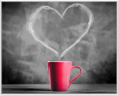Produktbild von Wallario Wandbild Tasse mit Kaffee - Schwarz-Weiß, Größe: 40,30 x 50,30 cm, Poster mit weißem Aluminiumrahmen