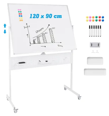 Produktbild von GOPLUS Doppelseitiges Whiteboard mit Ständer 120 x 90 cm, höhenverstellbar, trocken abwischbar, magnetisches Whiteboard mit Zubehörset für Büro