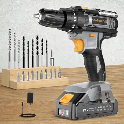 Image de Visseuse-perceuse, perceuse-visseuse sans fil de 21 V avec batterie de 2,0 Ah, perceuse sans fil avec mandrin de 10 mm, 2 vitesses, 18 + 1 réglages de couple, coffret de 21 pièces