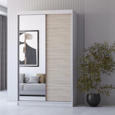 Kleiderschrank Schiebetürenschrank Schrank Schwebetürenschrank 120cm Weiß/Sonoma Eiche mit Spiegel Neomi 05