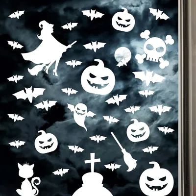 Produktbild von Fensterbilder für Halloween, 37-teiliges Deko-Set, wiederverwendbar | Gruselige Aufkleber mit Geist, Hexe, Kürbis und mehr