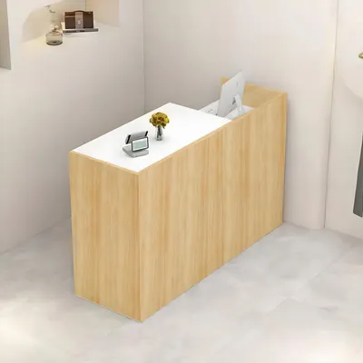 Image de Comptoir de réception, comptoir d'accueil, guichet de en bois avec espace de rangement, dimensions 120x50x100 cm, couleur bois, blanc