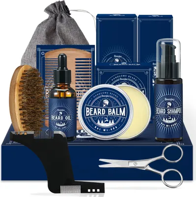 Produktbild von Bartpflege Set Geschenke Männer, Beesjuy 11 in 1 Bartpflege Set für Männer, mit 60ML Bartshampoo, 30ML Bartöl, Bartbalsam, Bartkamm, Bartbürste, Bartschere, Bartschablonen