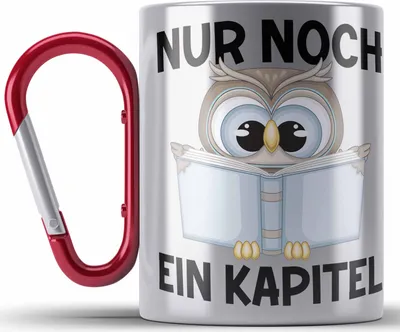 Produktbild von Trendation - Lesen Karabiner Edelstahl Tasse Karabiner Edelstahl Leseratte Geschenkidee Buch Leser Edelstahl Tasse Karabiner mit Spruch Bücherwurm Nur Noch Ein Kapitel (Rot)