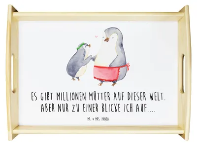 Produktbild von Mr. & Mrs. Panda Tablett Pinguin mit Kind - Weiß - Geschenk, Muttertag, Mutter, Mama, Vorbild, Serviertablett, betttablett, Schwester, Bett-Tablett, Holztablett, Servier