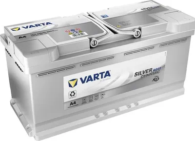 A Varta Silver Dynamic AGM xEV car battery is shown from a diagonal front view against a white background.
