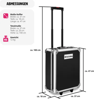 Produktbild von Tectake Werkzeugkoffer, Rollen, Teleskopgriff, 1200-teilig, 4 Ebenen, Chrom-Vanadium, Aluminium, Schwarz, Gesamtmaße ca. 37x20x100cm, Koffermaße ca. 37x18x47cm, ca. 12 kg, für Profis & Heimwerker, platzsparend