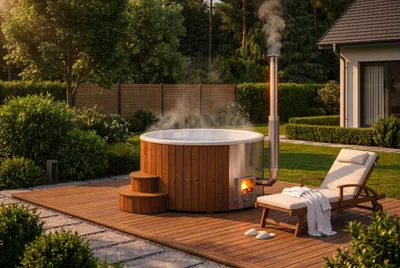 Produktbild von FinnTherm Badefass ScandiTub Classic aus Thermoholz Ø200cm Weiß inkl. Ofen