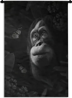 Produktbild von MuchoWow® Wandteppich Wandbehang Affe schaut sich Schmetterlinge im Dschungel an - schwarz und weiß 90x135 cm Tapisserie Dekoration Wandtuch - Baumwolle - Wandskulptur