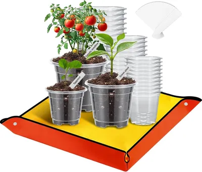 Productafbeelding van 30 stuks plantenpotten met verpotmat, 8,9cm 10,2cm 12,7cm zaaipotten met gaten, heldere Kweekpotten met 20 stuks plantenlabels