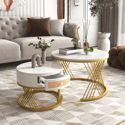 Produktbild von Couchtisch - Rund - Tischplatte mit Marmoroptik - Mit Stauraum - Modernes Design - Für das Wohnzimmer