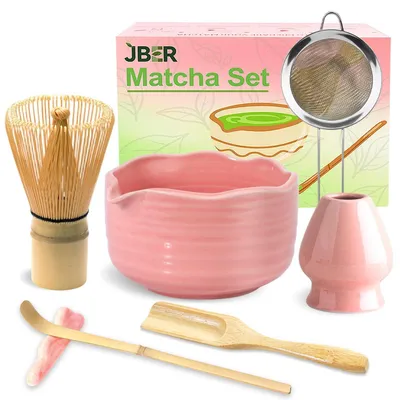 Image de Ensemble Matcha rose, 7 pièces, comprenant : balai en bambou avec 100 picots, bol avec bec verseur, tamis, cuillère et support