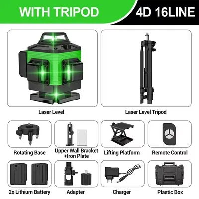 Produktbild von Laser-Wasserwaage - 4D 16-Linien Kreuzlinienlaser - Selbstnivellierend - 360° horizontal/vertikal - Grüner Strahl - Kunststoffkoffer + Stativ