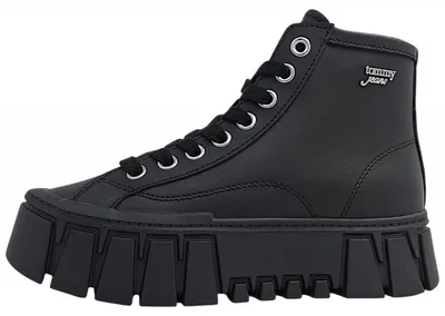 Image de Baskets plates Tommy Hilfiger TJW pour femmes, modèle à lacets, couleur noire, chaussures de loisirs