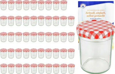 Produktbild von 50er Set Sturzglas 230 ml HOCH To 66 rot karierter Deckel incl. Diamant Gelierzauber Rezeptheft