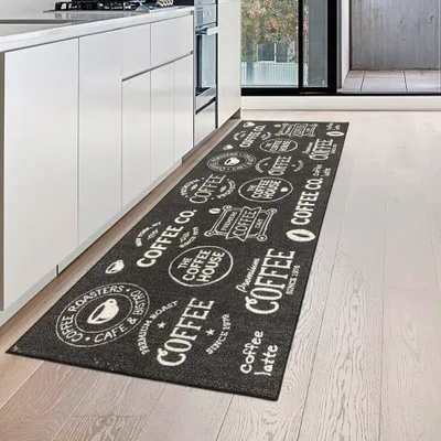 Produktbild von Küchenläufer schwarz mit Gelrücken und Schriftzug in weiß Größe - 80 x 250 cm