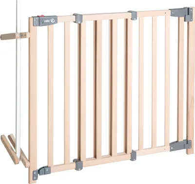Produktbild von roba Treppenschutzgitter Safety Up 93,5 - 120,5 cm breit & ausziehbar - Schutzgitter ohne Bohren mit Ampelfunktion - Holz massiv (Buche)