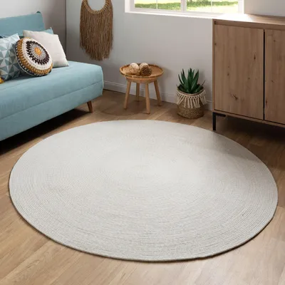 Produktbild von Steffensmeier Handweb Teppich Bali  | 100 % Baumwolle, Hellblau Creme, handgefertigt, Größe: Ø 80 cm | Flur, Eingangsbereich, Wohnzimmer