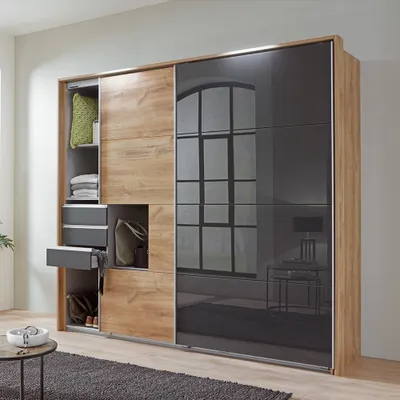 Produktbild von Schwebetürenschrank 2-türig 225cm, inkl. Passepartoutrahmen, Eiche und graphit mit grauem Glas, STRATFORD-43