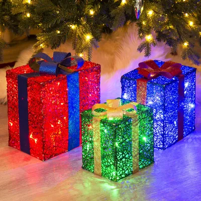 LED Weihnachtsdeko 3 Geschenkboxen 48 warmweiße Lampen