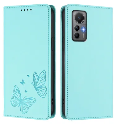 Obrázek produktu pro Kožené pouzdro pro Xiaomi 12 Lite, motýlí ražbou, peněženkové flip pouzdro se stojánkem Mátově zelená
