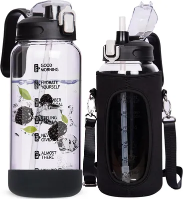 Produktbild von Glasflasche 1.5 l, mit Strohhalm und Zeitmarkierung, auslaufsicher, für Sport