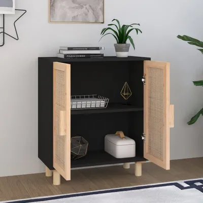 Produktbild von Eleganter Möbel Sideboard Schwarz 60x30x70cm Massivholz Kiefer und Natur-Rattan - CJG406488 - Kommoden