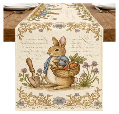 Produktbild von Tischläufer mit Hasenmotiv im Vintage-Stil, Blumenmuster, für Frühlingsdekoration, ideal für Ostern und Familienessen, 33 x 274 cm