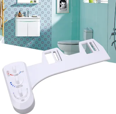 A bidet attachment for a toilet is shown in a bathroom setting.