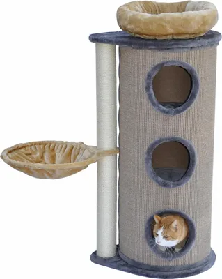 Produktbild von Kratztonne grau / beige - Liegemulde - abnehmbares Katzenbett - 2 Kratzstämme