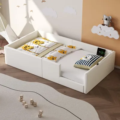Productafbeelding van Modern gestoffeerd kinderbed voor kinderen en tieners, eenpersoonsbed met valbeveiliging, geïntegreerd oplaadstation, wit, slaapoppervlak 90 x 200 cm