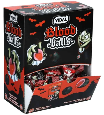 Obrázek produktu pro Displej s 200 kusy žvýkaček "Vidal Blood Balls", hmotnost 5 g, příchuť jahodová, kyselá, s náplní