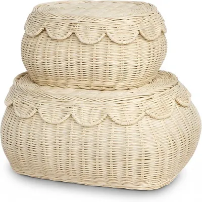 Imagen del producto de Silecomplaza, Juego de 2 cestas con borde ondulado (modelo original) - Cesta pequeña con borde ondulado - 38,1 cm x 25,4 cm x 15,2 cm (6 pulgadas) - Tejida a mano y galardonada - Elegante tejido de sauce con tapa de borde ondulado - Ideal para habitaciones infantiles