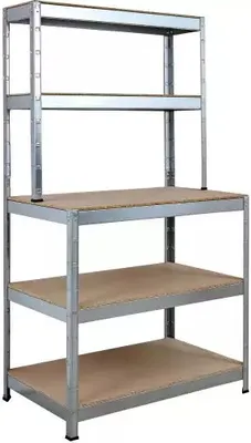 Produktbild von SCHULTE Regalwelt Schwerlastregal mit 5 Holzböden, 180x100x36/60 cm (HxBxT), Traglast pro Ebene ca. 200 Kg, verzinkt, Werkbank, Lagerregal, Keller