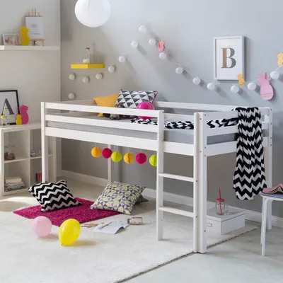 Produktbild von Homestyle4u 1433 Podkrovná posteľ biela 90x200 Detská podkrovná posteľ z masívu borovica