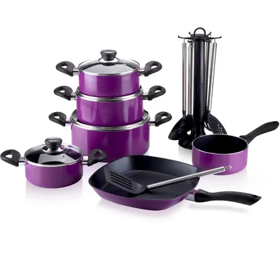 Produktbild von Karl Krüger 17/L Aluguss-Set 17-teilig - antihaft-versiegeltes Topf- und Pfannenset mit Küchenhelfer - lila