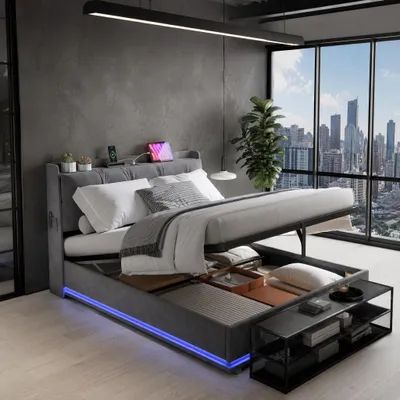 Produktbild von INONEFT Polsterbett 140x200 mit LED und USB, Boxspringbett mit Hydraulique Bettkasten, Jugendbett mit Lattenrost, Einzelbetten, Samt, Grau