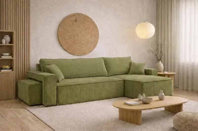Produktbild von Kaiser Möbel Ecksofa mit Schlaffunktion und Pouf, Cordstoff Poso, Olive, Rechts, BEST L mit Pouf