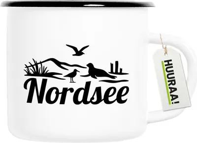 Produktbild von Huuraa Emaille Tasse Nordsee Strandmotiv 300ml Vintage Campingbecher Geschenkidee