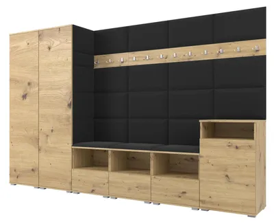 Produktbild von Garderobe NELA XII 300 cm Modulare Flurmöbel Artisan Eiche mit Sitzpolster Schwarz 16 (Gigantisches Set)
