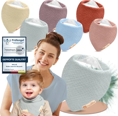 Produktbild von Mallie® Musselin Lätzchen Baby im 6er Set | Als Bibs, Dreieckstuch Baby, Baby Lätzchen | Musselin Halstuch Baby, Musselintücher Baby und Babylätzchen