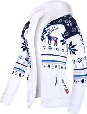 Produktbild von Nebulus Norweger Jacke Hoody mit Teddyfell NORON Damen, mit Kapuze, schicker Pullover im Norweger-Style, P6405 - Damen, weiß-navy, M/38