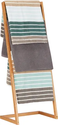 Produktbild von Relaxdays Handtuchhalter freistehend, Leiterregal mit 4 Handtuchstangen, Handtuchständer Bambus, HBT: 100x40x30cm, natur