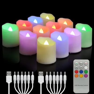 Immagine prodotto di 12 candele LED ricaricabili RGB con telecomando, timer, ricaricabili, senza fiamma, effetto tremolante, luce bianca calda, ideali per Halloween e Natale